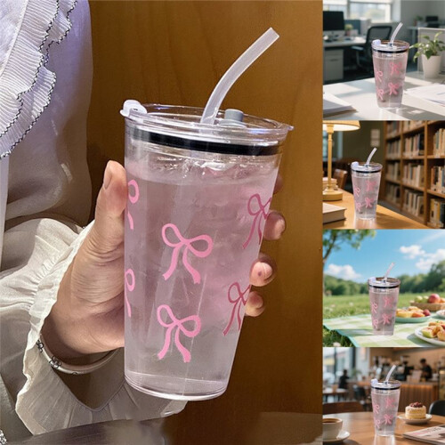 Bicchiere di Plastica Rosa da 450 Ml, Trasparente, con Cannuccia e Coperchio, per Bevande al Latte e al Caffè, per Casa e Viaggio 1