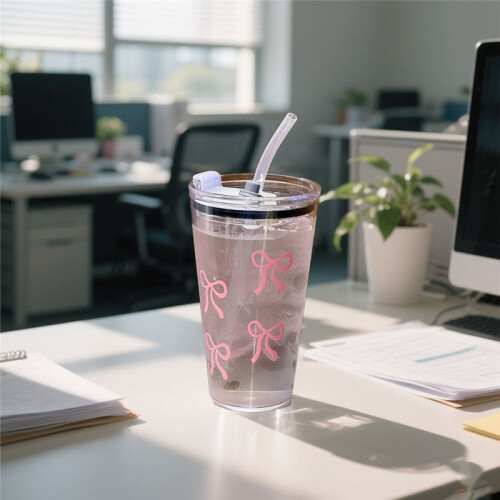 Bicchiere di Plastica Rosa da 450 Ml, Trasparente, con Cannuccia e Coperchio, per Bevande al Latte e al Caffè, per Casa e Viaggio 2