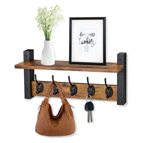 Coat Hooks Wall Mount with Shelf Coat Rack Wall Mount with 5 Heavy Duty Hooks - Floating Wall Shelf with Hooks 2
