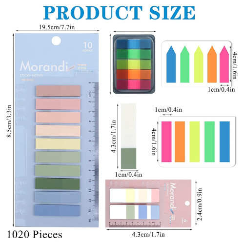 8 Pack 1020 Pieces Sticky Index Tabs with Ruler, Writable File Tabs Flags, Colored Page Makers Stick Notes 1