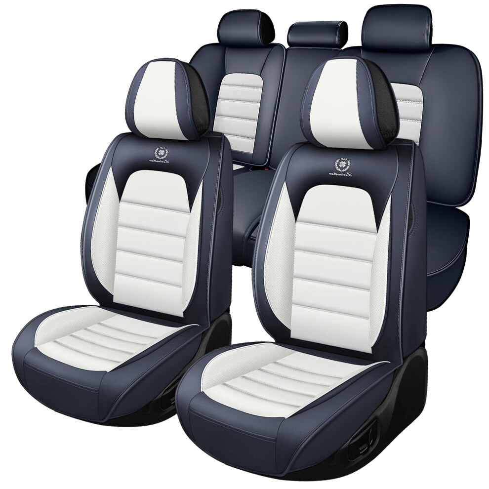Waterproof Nappa Leather Car Seat Covers Full Set For Honda Crv 2001Â2026 Airbag Compatible Blue/White 9330225062554