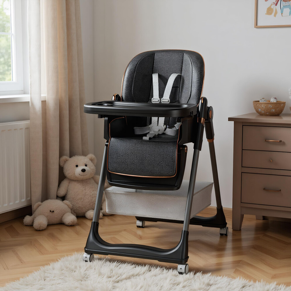 Portable Baby Chair, Foldable Toddler Feeding Seat With Adjustable Height And Recline, Removable Tray, Lockable Wheels, Black