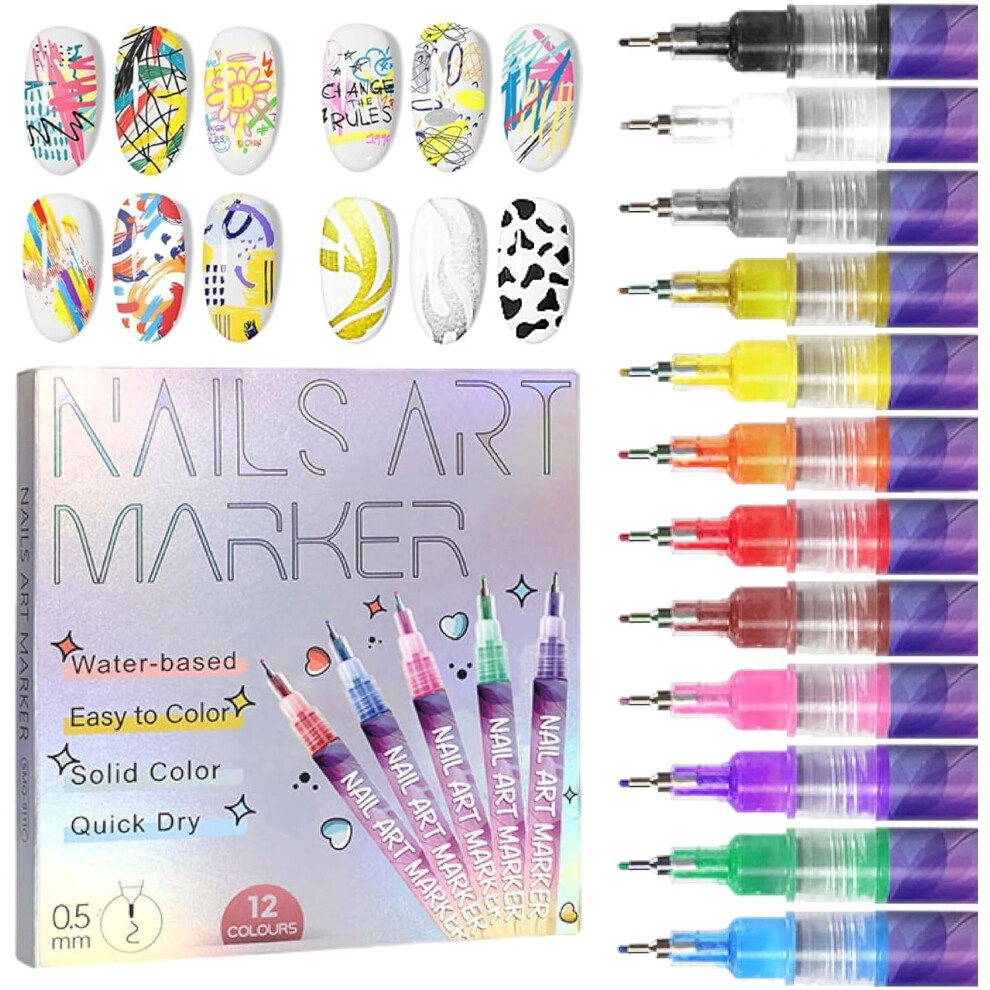 12 Colors Nail Art Pens Set with Precise Fine Tip, Vibrant Acrylic Markers for Drawing and DIY