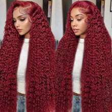 99J Burgundy 32 Inch Deep Wave Lace Front Wig Brazilian Virgin Human Hair 13x6 HD Pre Plucked 250% Density