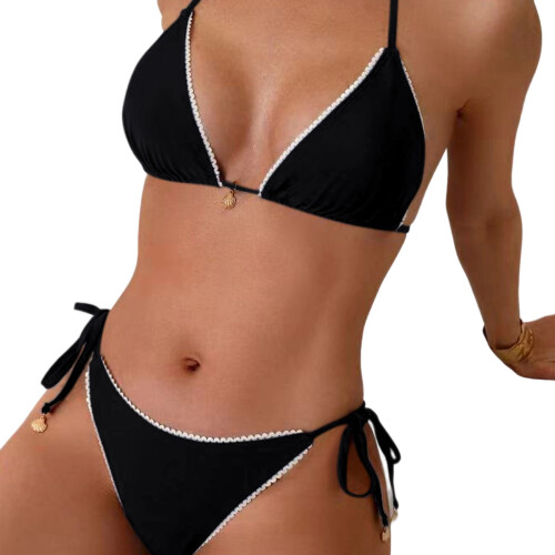 Quick Drying Swimsuit Two Piece Polyester Texture-Black XL