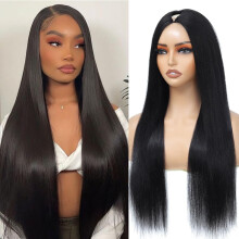 20 Inch Human Hair V Part Wig Natural Black, BeginnerFriendly Clip In, 200% Density Straight