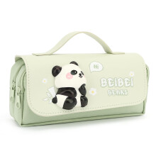 Cute Canvas Pencil Case for Girls Large Capacity ThreeLayer School Organizer Panda Green