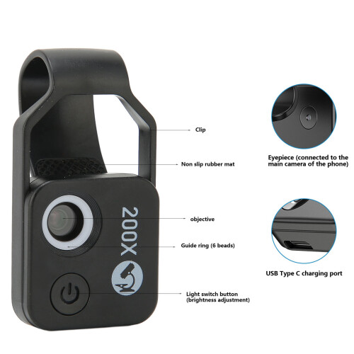 APLM S002 200x HD Magnification Phone Microscope LED Lens, Black 2
