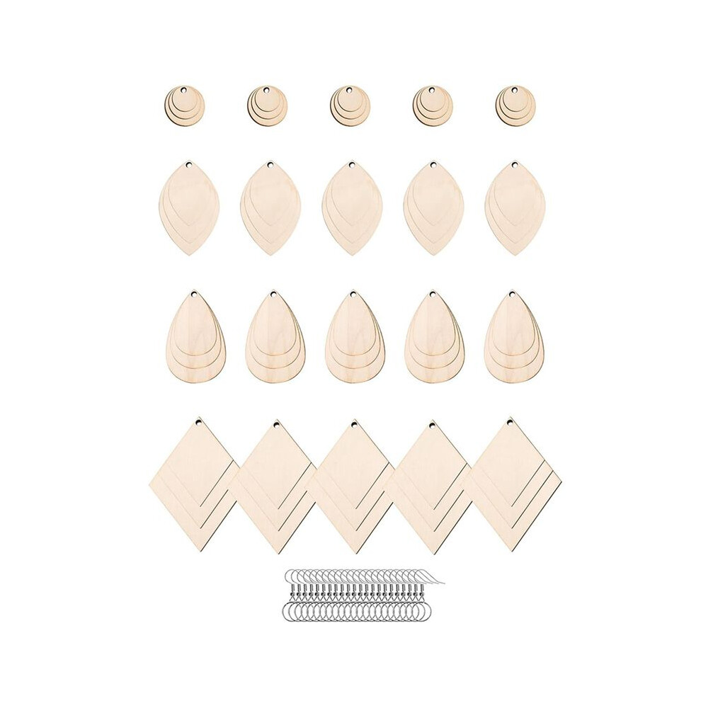 230 Pcs 4 Shapes Unfinished Wooden Earrings Blanks With 60 Earring Hooks, 60 Jump Rings And 50 Silver Bead Chain 4714217938556