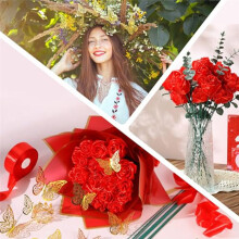 74 Pieces DIY Artificial Roses Bouquet Fake Ribbon Flowers Bouquet 1-1/2 Inch Satin Ribbon Gold  Wrapping Paper Red