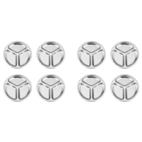 8X Stainless Steel 3 Sections Round Divided Dish Snack Dinner Plate Diameter 24Cm