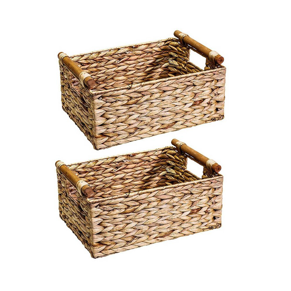 Semoic 2X Wicker Basket Rectangular With Wooden Handles For Shelves,Water Hyacinth Basket Storage,Natural Baskets B