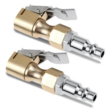 Tire Inflator Chuck 2 Pack, Closed Flow Brass Lock On Air Chuck with Secure Clip, 1/4 Inch Fitting