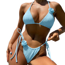 Women's Two Piece Bikini Set 3D Rose Ruched Halter-Sky Blue S