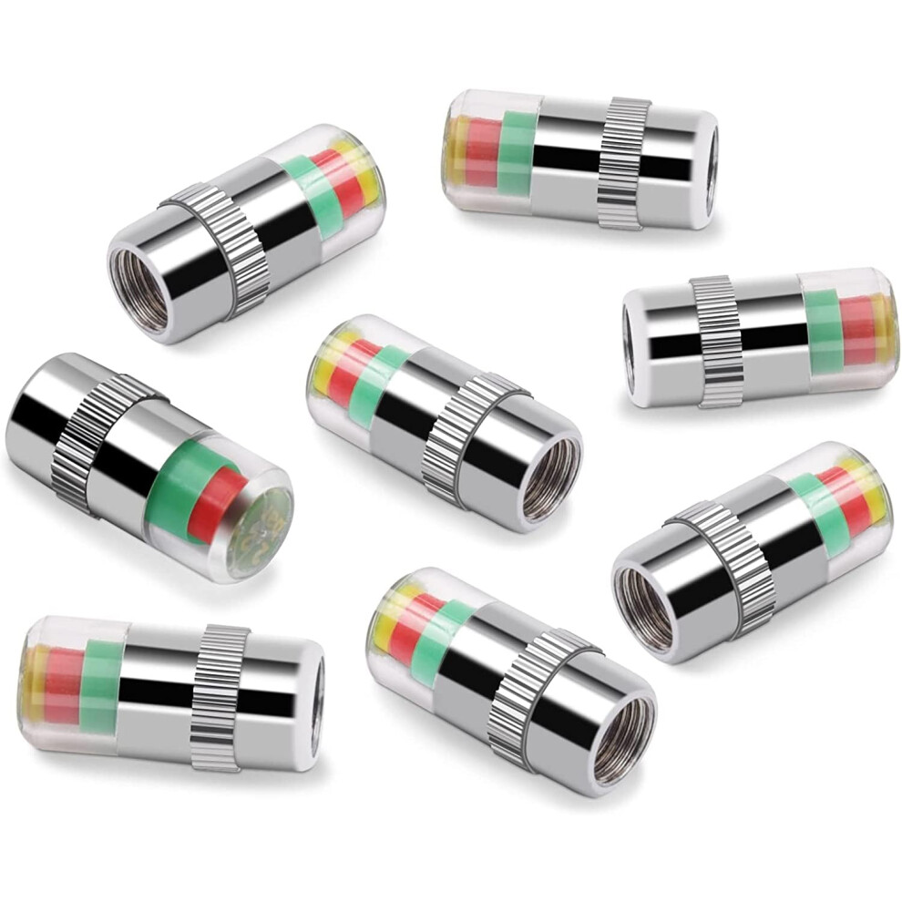 8Pcs 35 Psi Tire Pressure Indicator Valve Stem Caps, 3Color Visual Gauge For Cars Silver 9455672185035
