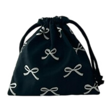 Black Cotton Drawstring Pouch with Bowknot Closure, Small Travel Cosmetic Storage Bag