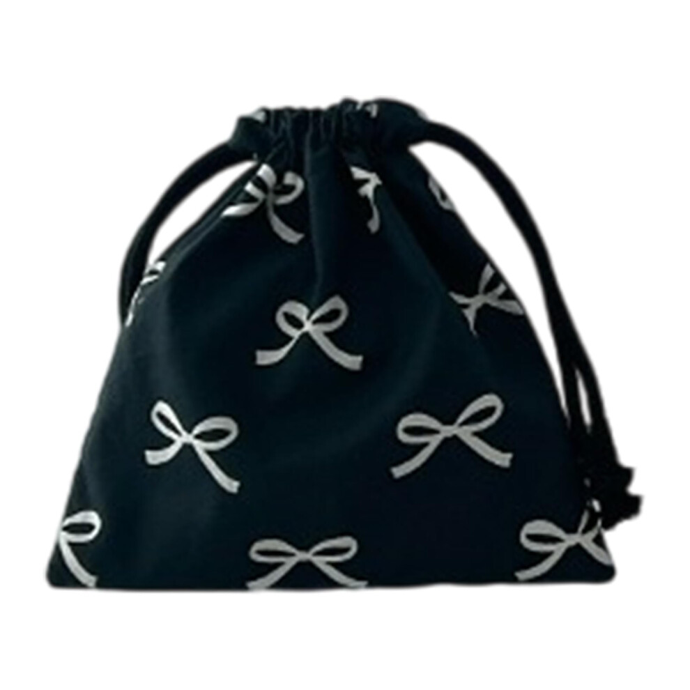 Black Cotton Drawstring Pouch With Bowknot Closure, Small Travel Cosmetic Storage Bag