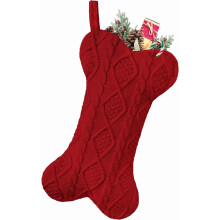 (Red) Knit White Bone Shape Dog Stocking, Large Hanging Stocking for Dogs Cats Pets (White)