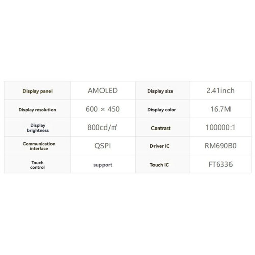 Placa de Desenvolvimento ESP32 S3, Tela Sensível Ao Toque AMOLED de 2,41 Polegadas, 600x450 com Sensor de 6 Eixos QMI8658C de Porta  para 2