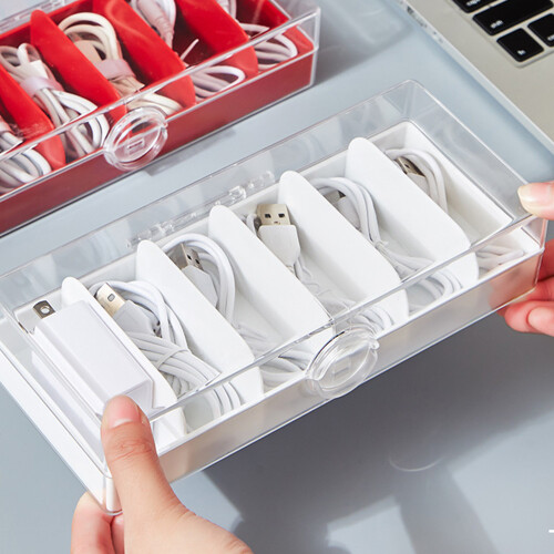 2Pcs Transparent Data Cable Storage Box Mobile Phone Charging Earphone Cable Power Cord Sorting and Fixing(Red) 2