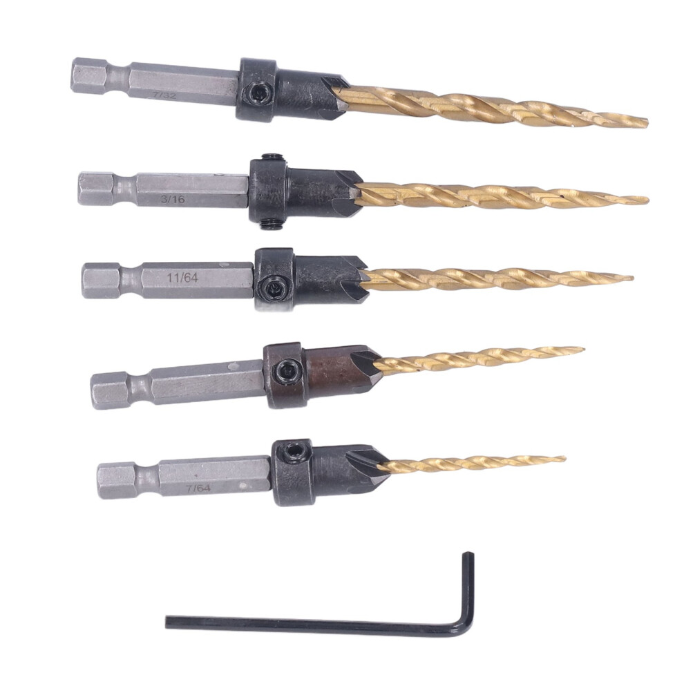 5Pcs Titanium-Coated Countersink Drill Bit Set, 7/64"Â7/32" 9461390529419
