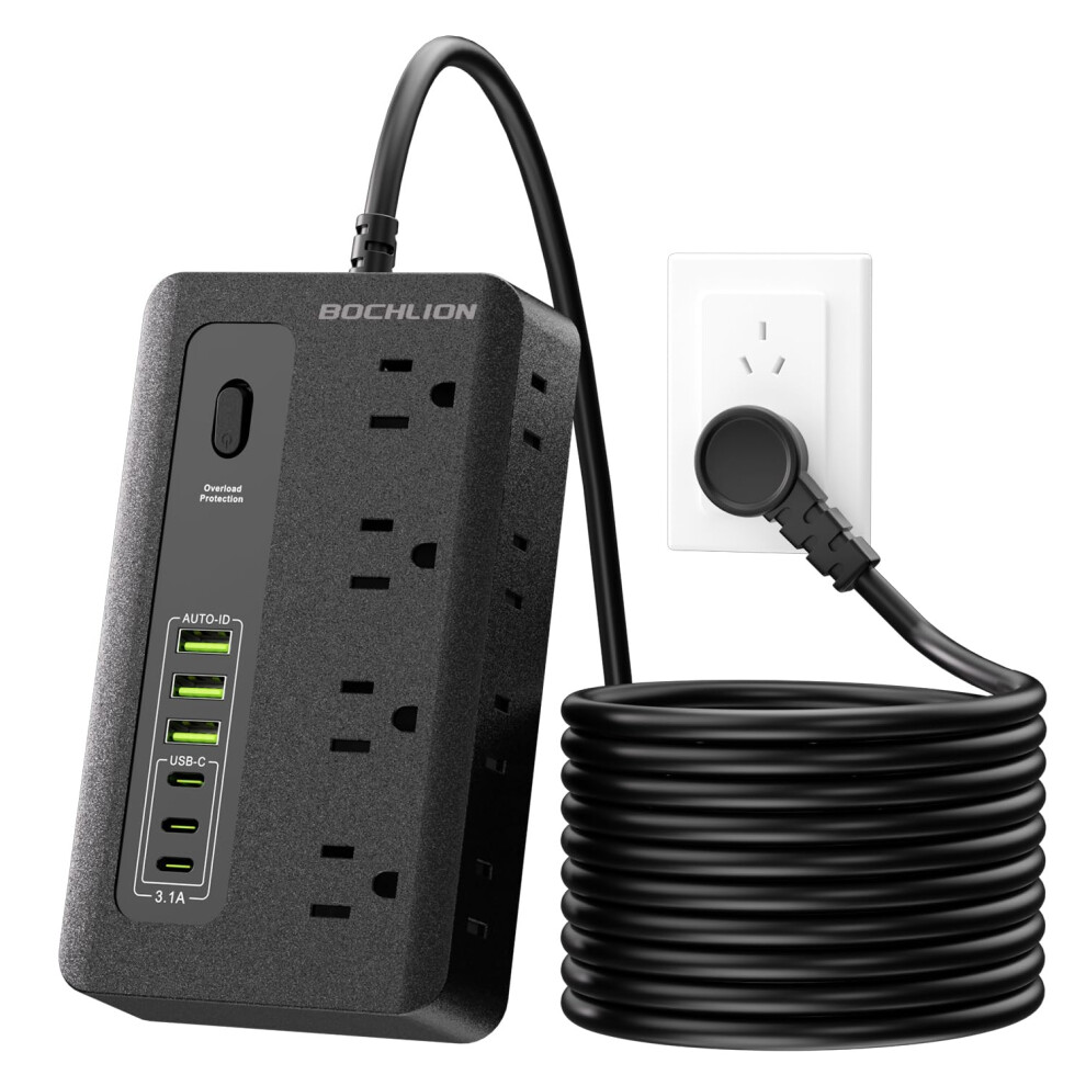 Power Strip With Usb C And Usb A Ports, 8 Outlet Surge Protector Flat Plug, Wall Mountable, 6Ft Cord, Fast Charging For Home Office (Black) 9092120676310