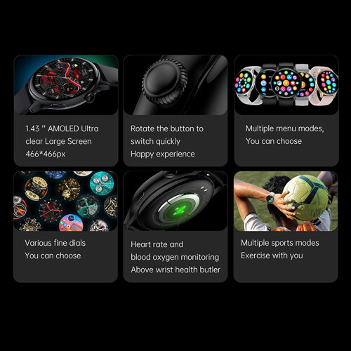 Smart Watch 1.43 inch AMOLED AlwaysOn Display Bluetooth Calling Fitness Tracker Waterproof for Android iOS Black 2