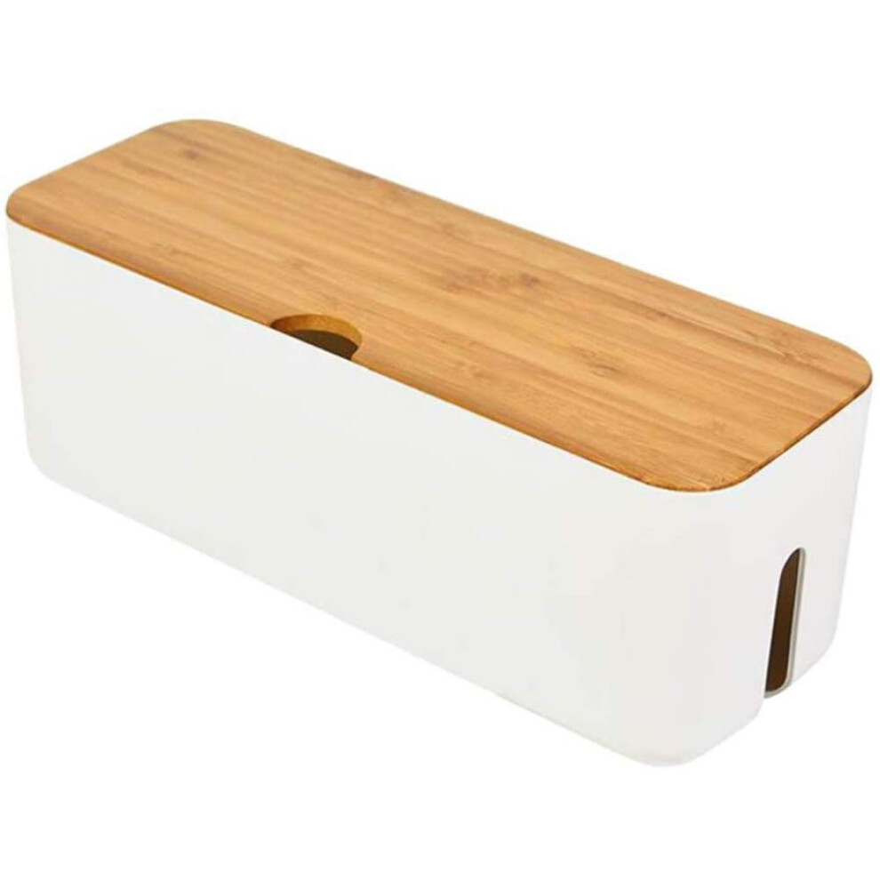 Cable Management Box With Wooden Lid, White Cord Organizer For Power Strips And Cables 9455672187756