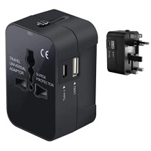 Universal Travel Adapter with USB C and USB A Ports, Fast Charging, Secure Lock, Compact Black