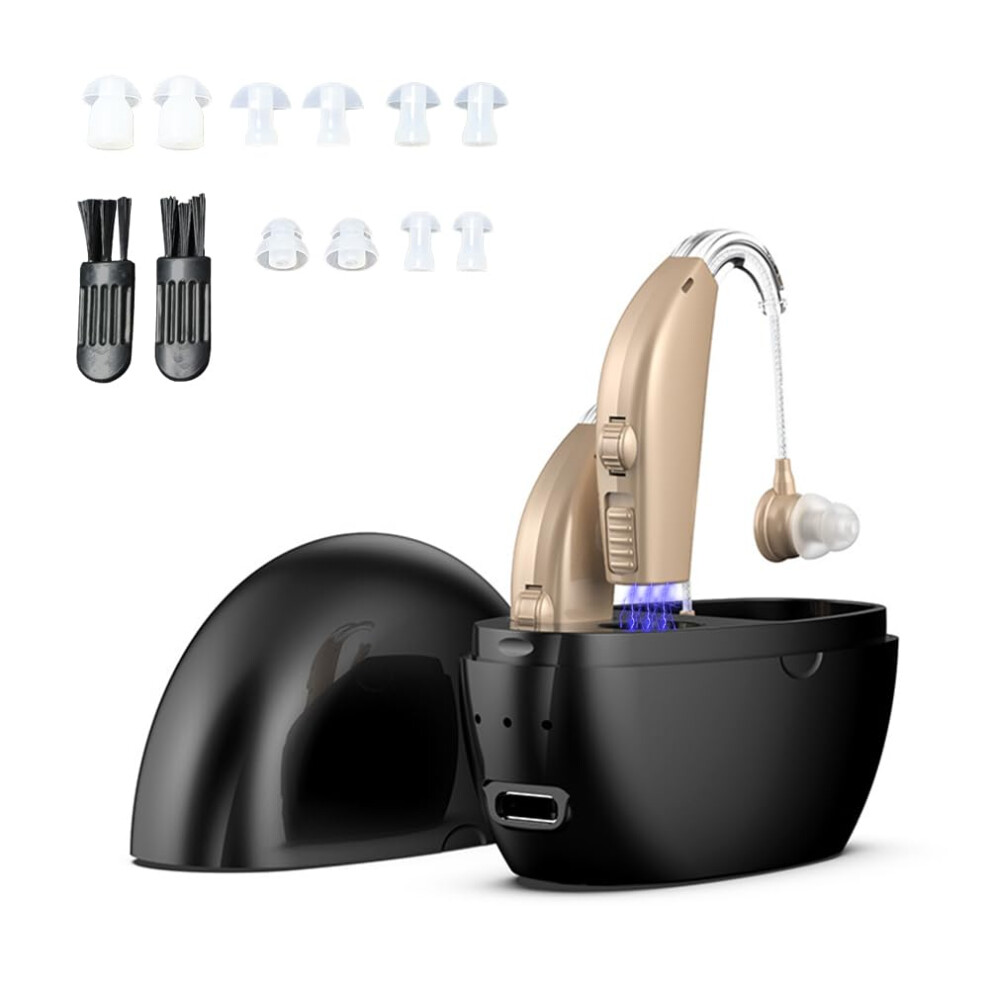 Rechargeable Noise Cancelling Hearing Aids for Seniors, Behind Ear Amplifier, 25H Battery Life