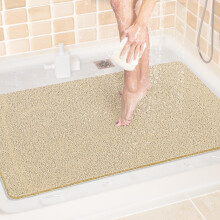 Non Slip Bath Mat 24x36 Inch PVC Loofah Shower Mat with Drain Holes Quick Dry Soft Comfort Khaki