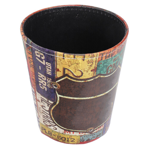 Mini PU Leather Desktop Trash Can 14cm, Vintage Pattern, 15.5cm Height