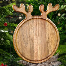 2X Plateau de Service en Bois avec Poignée en Bois de Cerf, Assiette Ronde en Bois, Planche à Charcuterie Décorative pour Fromage A