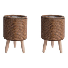 2X Vintage Imitation Rattan Woven Flower Shelf Planters Handmade Storage Basket with Wooden Legs Plant Pot Holder,F