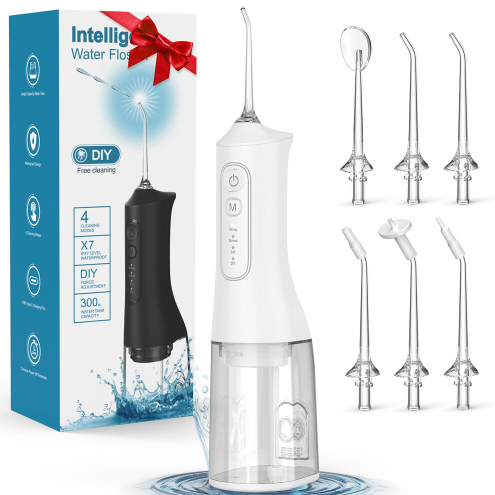 White Cordless Water Flosser 300Ml Ipx7 Waterproof Oral Irrigator With 4 Modes And 6 Tips For Braces And Gum Care