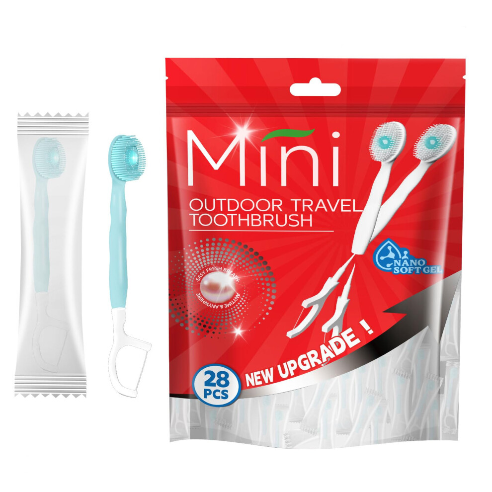 5 in 1 Mini Disposable Travel Toothbrush with Toothpaste, Tongue Scraper, Floss, Mint, 28 Pack