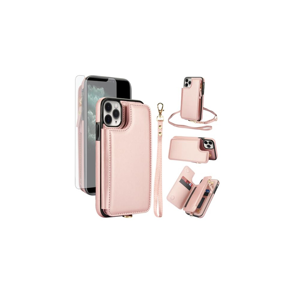 Wallet Case For Iphone 11 Pro With Rfid Blocking, Zipper Design, Wrist Strap And Tempered Glass Â Rose Gold 9092120180695
