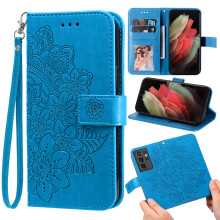 Wallet Case with Card Holder, Flower PU Leather Flip Cover with Wrist Strap and Stand for Samsung Galaxy S22 Ultra