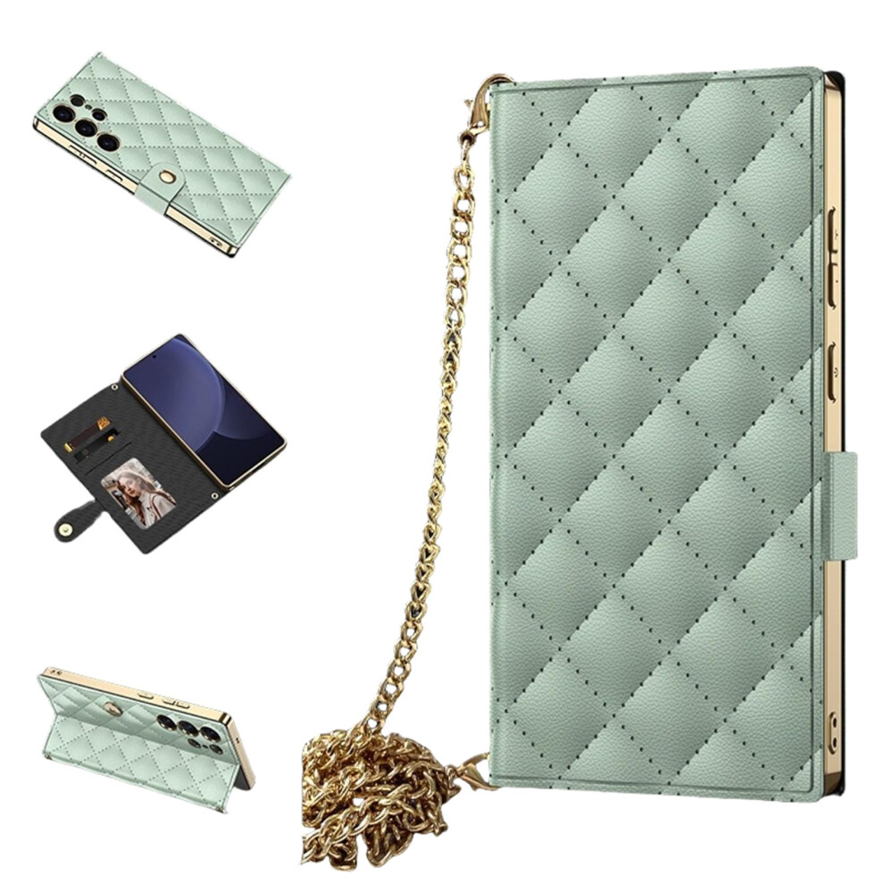 Wallet Case Matcha Pu Leather Crossbody With Card Holder And Mirror For Samsung Galaxy S25 Ultra Green 9330225978534