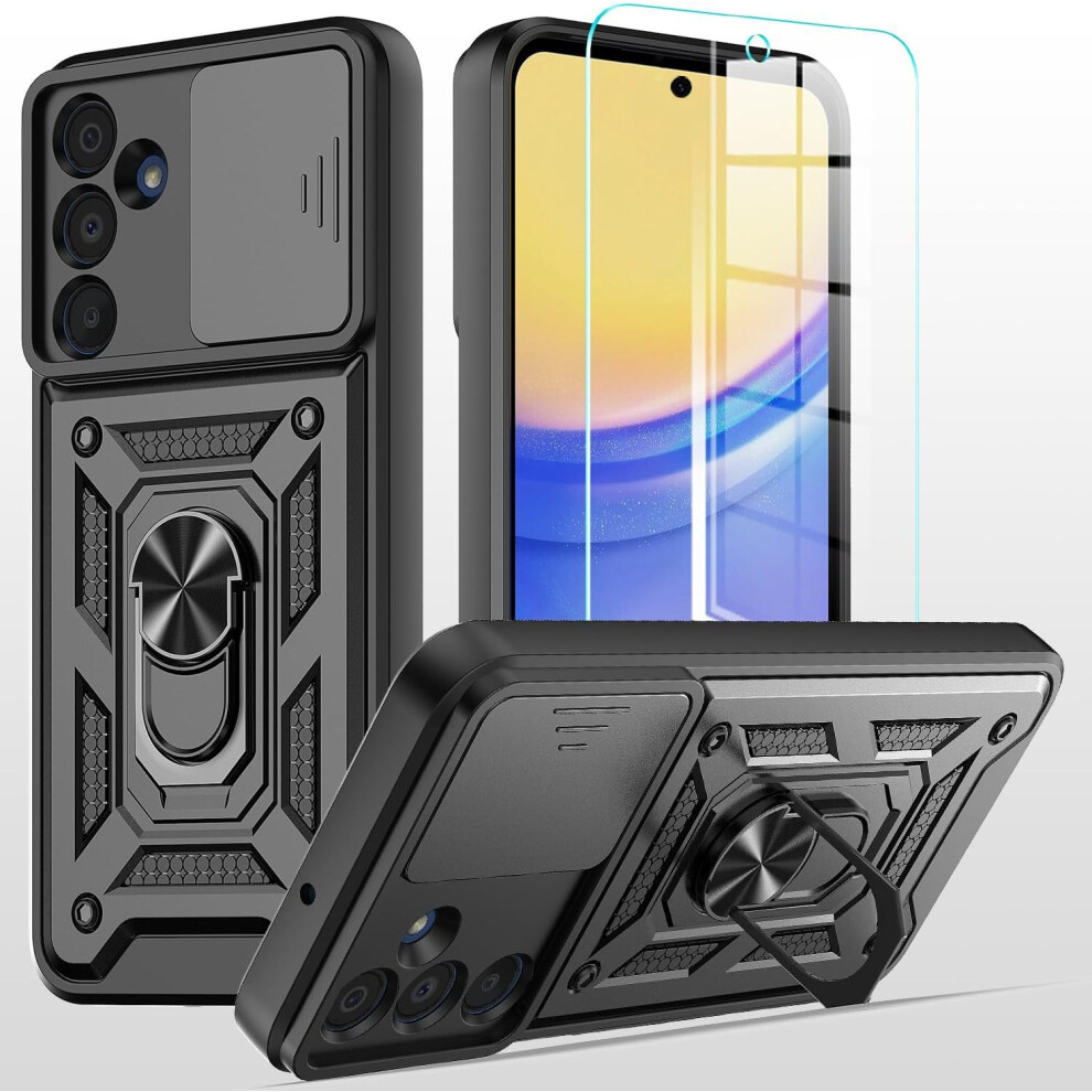 Case For Samsung Galaxy A36 With Slide Camera Cover, Military Grade Shockproof Rugged Kickstand Protective Cover Black 9771547557043