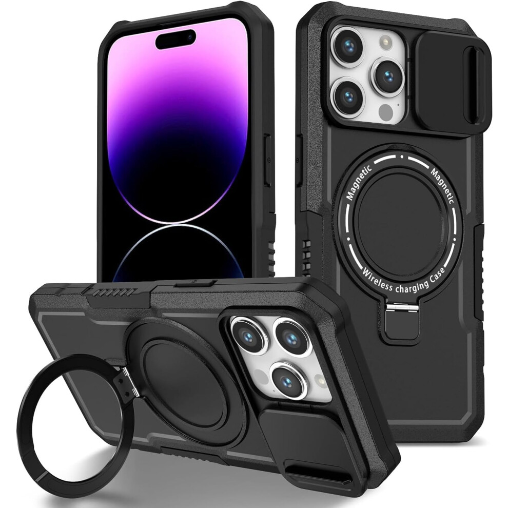Magnetic Case For Iphone 15 Pro Max With Ring Kickstand And Sliding Camera Cover Shockproof Black 9092120180879