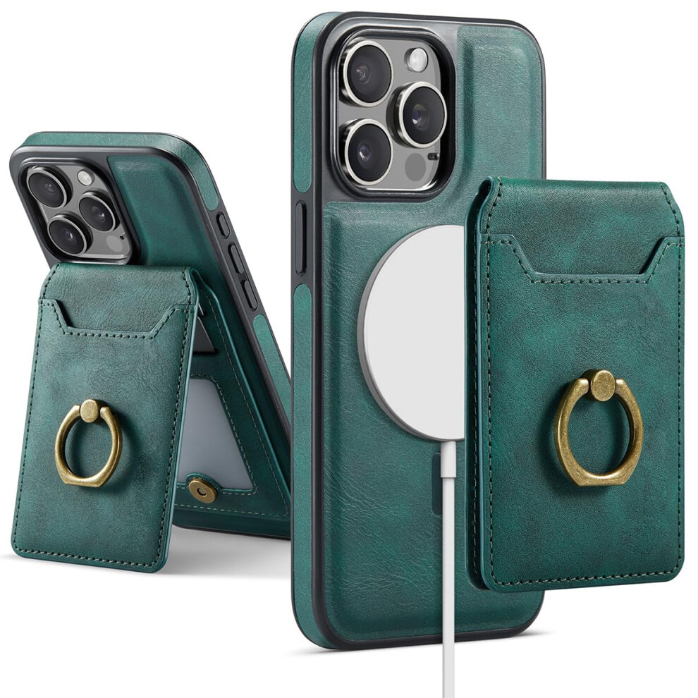 Leather Magnetic 2In1 Detachable Card Holder Wallet Case With Ring Stand For Magsafe Iphone 15 Green 9771547557166
