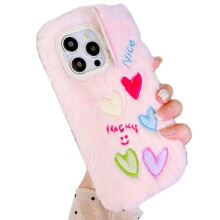 Cute Fluffy Shockproof Phone Case for iPhone 12, Soft Furry Silicone Cover with Camera Stand for Girls