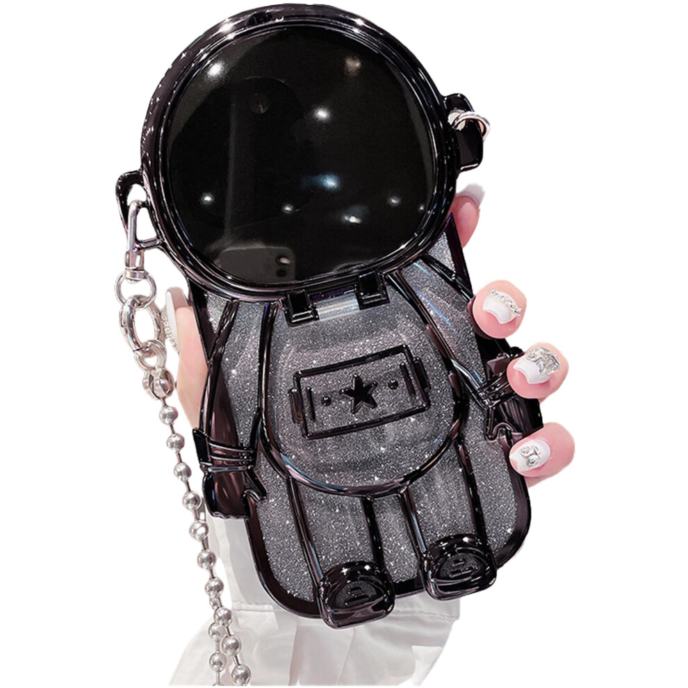 Case For Iphone 14 Pro Max Cute 3D Astronaut Glitter Design With Mirror Metal Chain Hidden Stand Shockproof Bumper Protective Cover Black 9073542698234