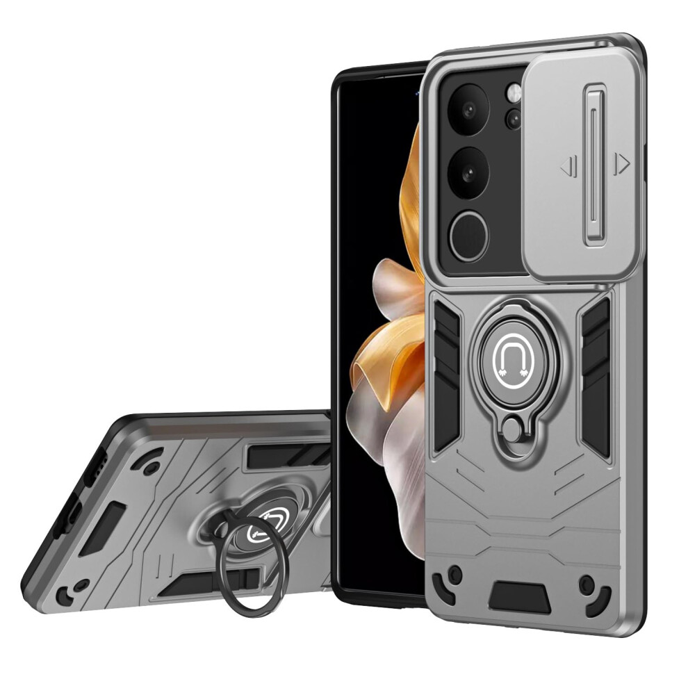 Shockproof Military Grade Case For Vivo V29 5G/V29 Pro/S17 Pro With Sliding Camera Cover And 360 Kickstand Silver 9092120181326