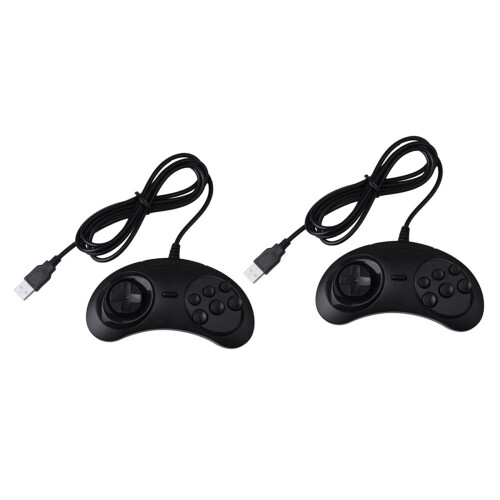 2X Gamepad Wired 6-Key USB Game Controller Joypad for   / Md Pc / 2 Y1301 /  Mega Drive Black Plastic