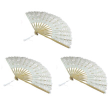 3X Handmade Cotton Lace Folding Hand Fan for Party Bridal Wedding Decoration ( Beige)