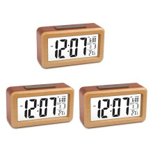 3X Houten Grote LED Digitale Wekker, Slimme Sensor Nachtlampje met Snooze, Datum, Temperatuur, 12/24 Uur Schakelbaar