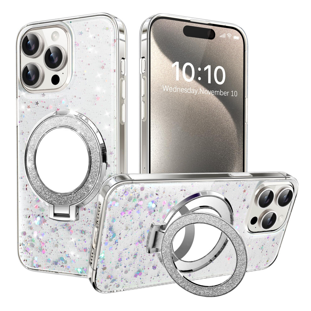 Case With Magnetic Kickstand And BuiltâIn Makeup Mirror, Clear Glitter Shockproof Tpu Cover Xk For Samsung Galaxy S25 Ultra Silver 9330225038047