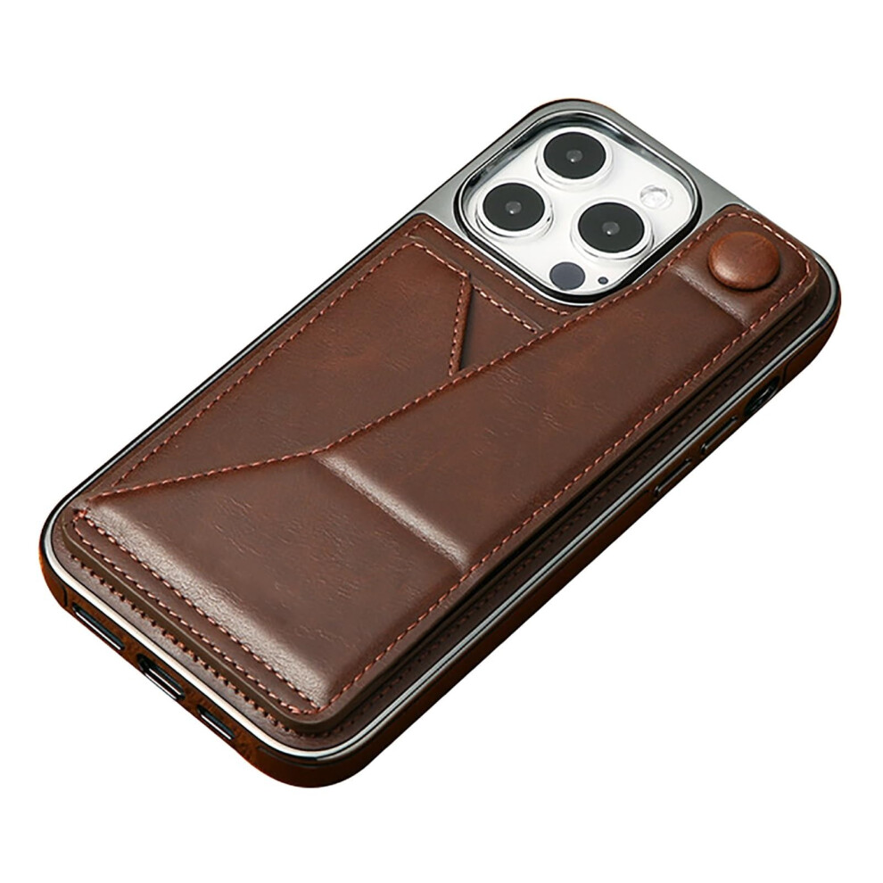 Leather Wallet Case For Iphone 16 Pro Max, Slim Card Holder With Kickstand And Electroplated Frame Brown 9073542698876